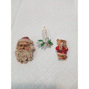 VTG CHRISTMAS BROOCH SET OF 3 SANTA, CANDLE,  BEAR